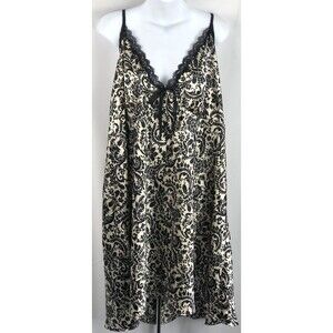 Vintage Satin Babydoll Cami Slip Dress Lingerie Gown 26/28 Gold/Blk Lace 90's